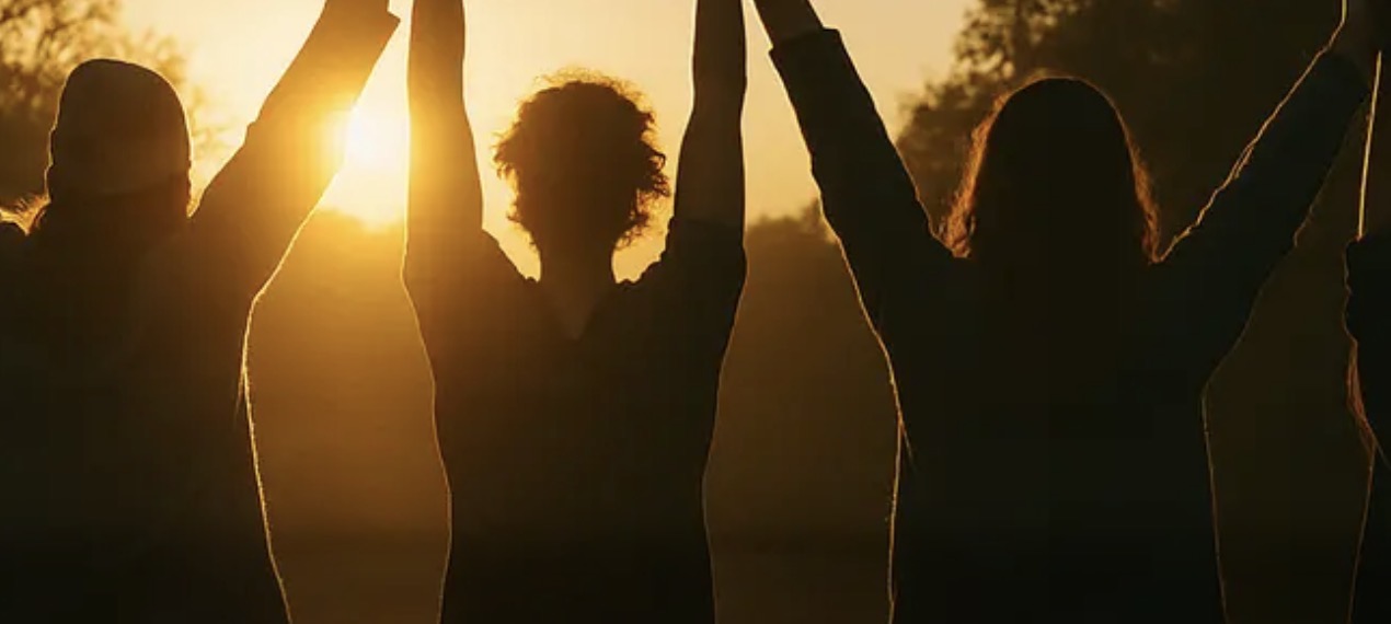 People raising their arms together at sunset, symbolizing the Deep Waters healing community